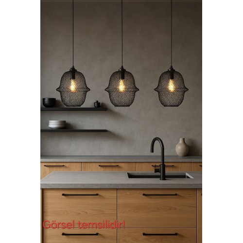 Bari Tekli Dekoratif Kafesli Siyah Metal Modern Tavan Sarkıt Iç Mekan