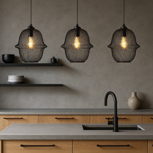 Bari Tekli Dekoratif Kafesli Siyah Metal Modern Tavan Sarkıt Iç Mekan