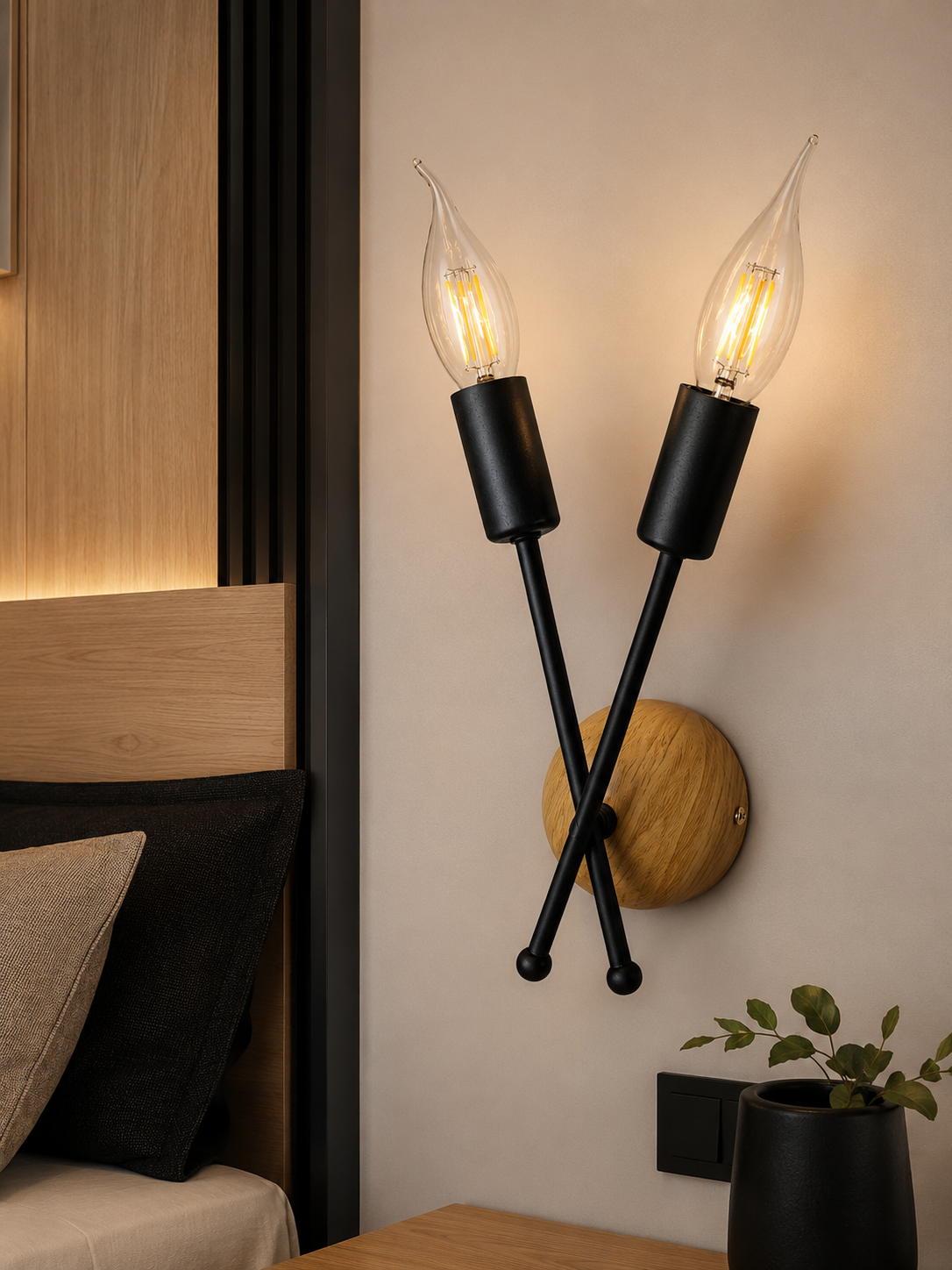 Cruz Dekoratif Siyah & Ahşap Desen Metal Modern Duvar Aplik Iç Mekan (RUSTİK LED AMPULLER DAHİLDİR!!!)