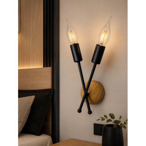 Cruz Dekoratif Siyah & Ahşap Desen Metal Modern Duvar Aplik Iç Mekan (RUSTİK LED AMPULLER DAHİLDİR!!!)