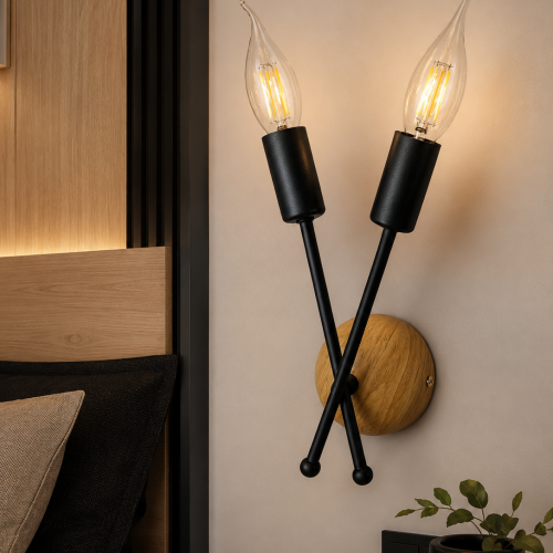 Cruz Dekoratif Siyah & Ahşap Desen Metal Modern Duvar Aplik Iç Mekan (RUSTİK LED AMPULLER DAHİLDİR!!!)