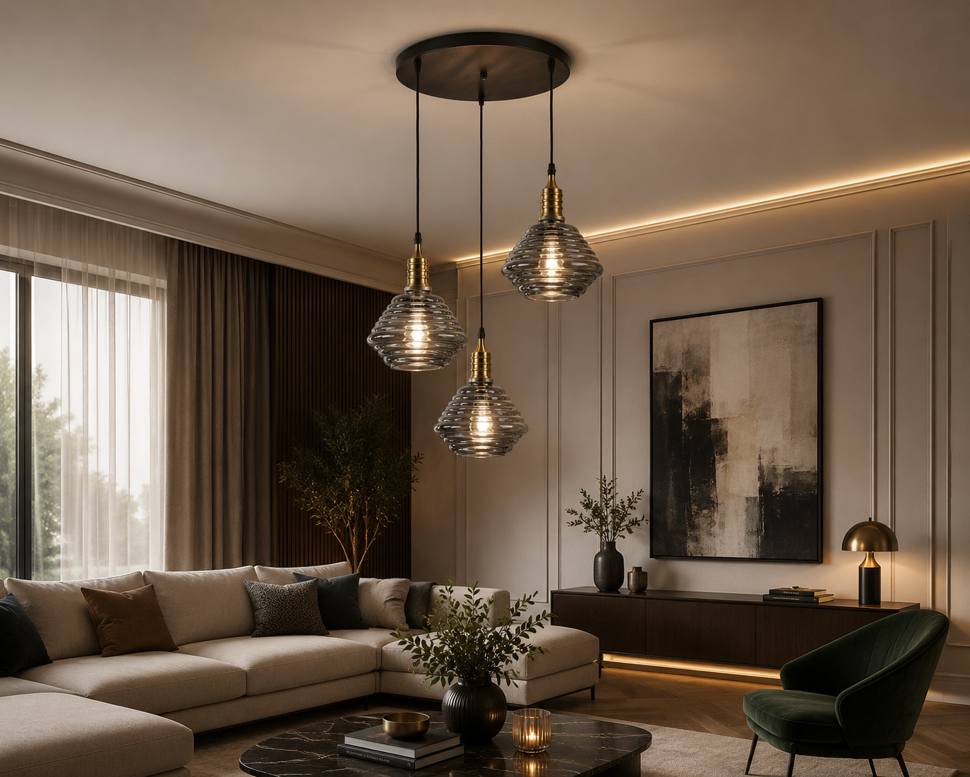 LY8004-3 Dekoratif 3'lü Füme Cam Sarkıt Modern İç Mekan