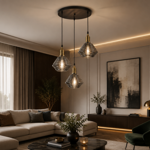 LY8004-3 Dekoratif 3'lü İthal Füme Cam Sarkıt Modern İç Mekan