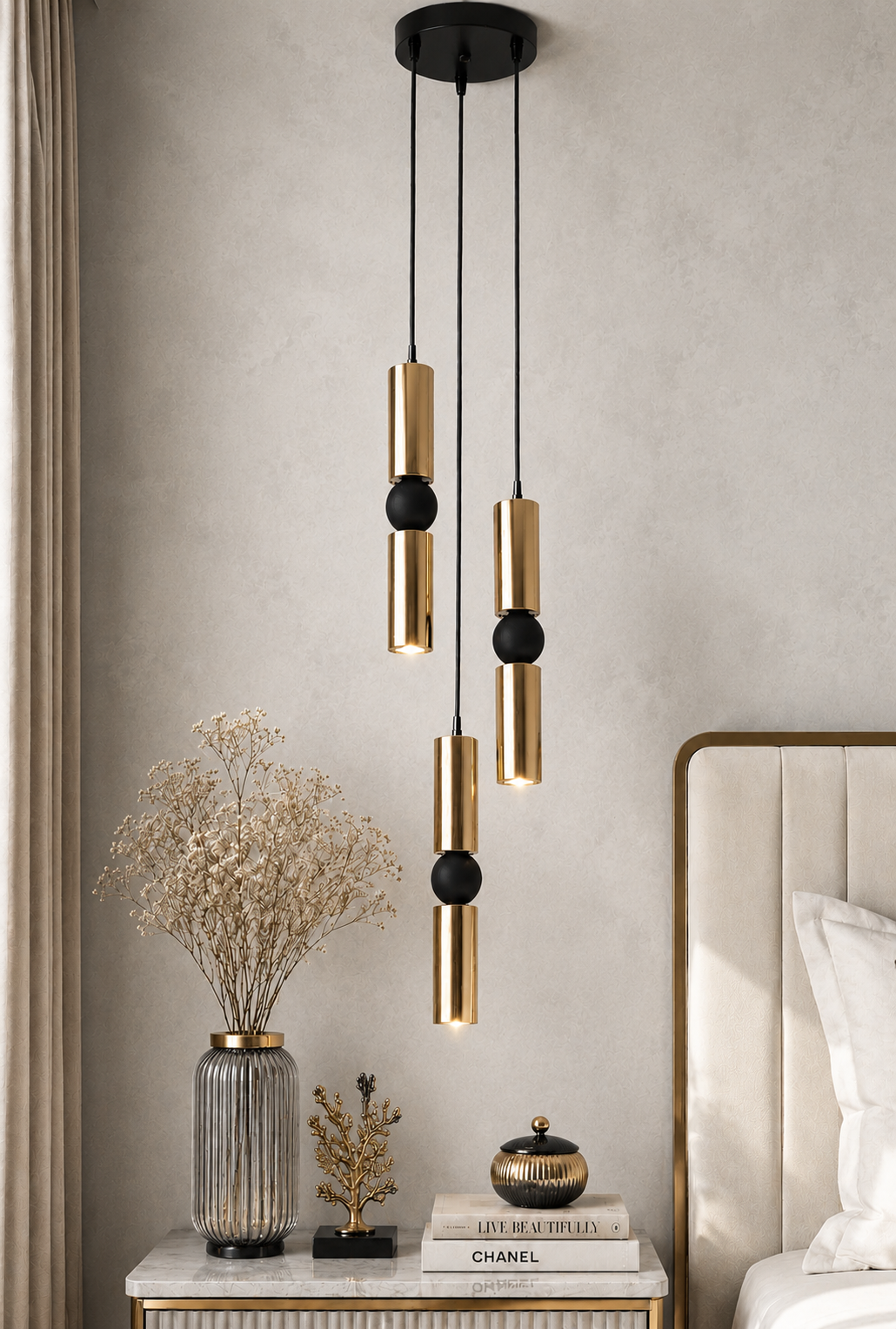 Petra 3'lü Dekoratif Siyah & Gold Kaplama Tavan Sarkıt Modern Avize İç Mekan (GÜN IŞIĞI LED AMPULLER DAHİLDİR...)