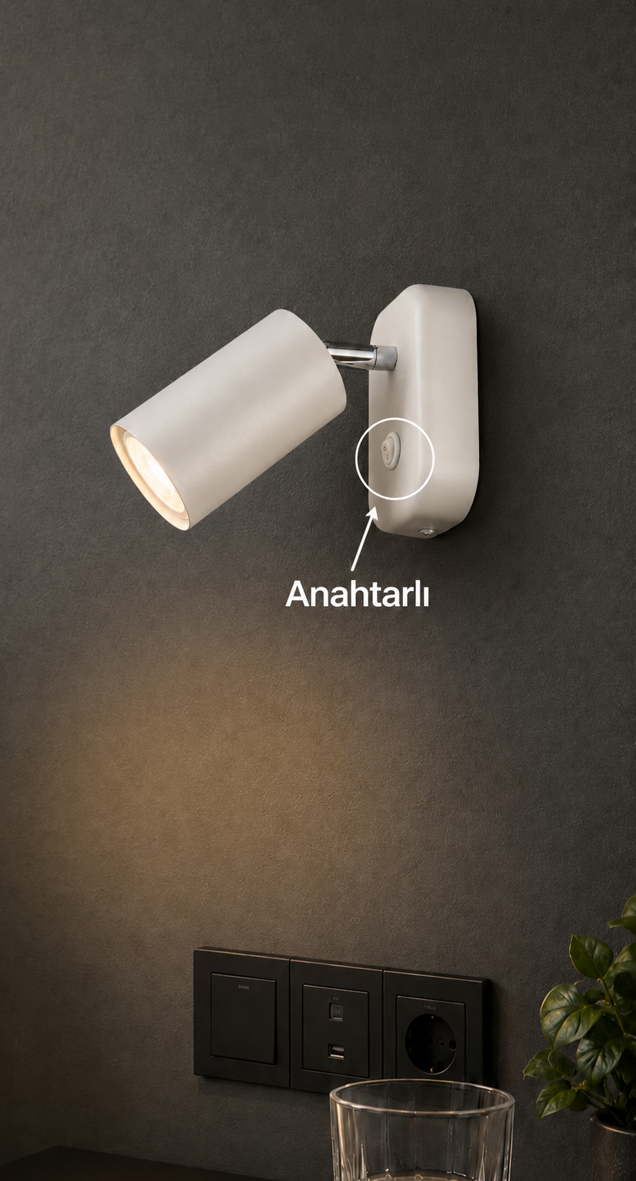 Neron Dekoratif Tekli Metal Anahtarlı Aplik Beyaz Hareketli Modern İç Mekan (GÜNIŞIĞI LED AMPUL DAHİLDİR!!!)